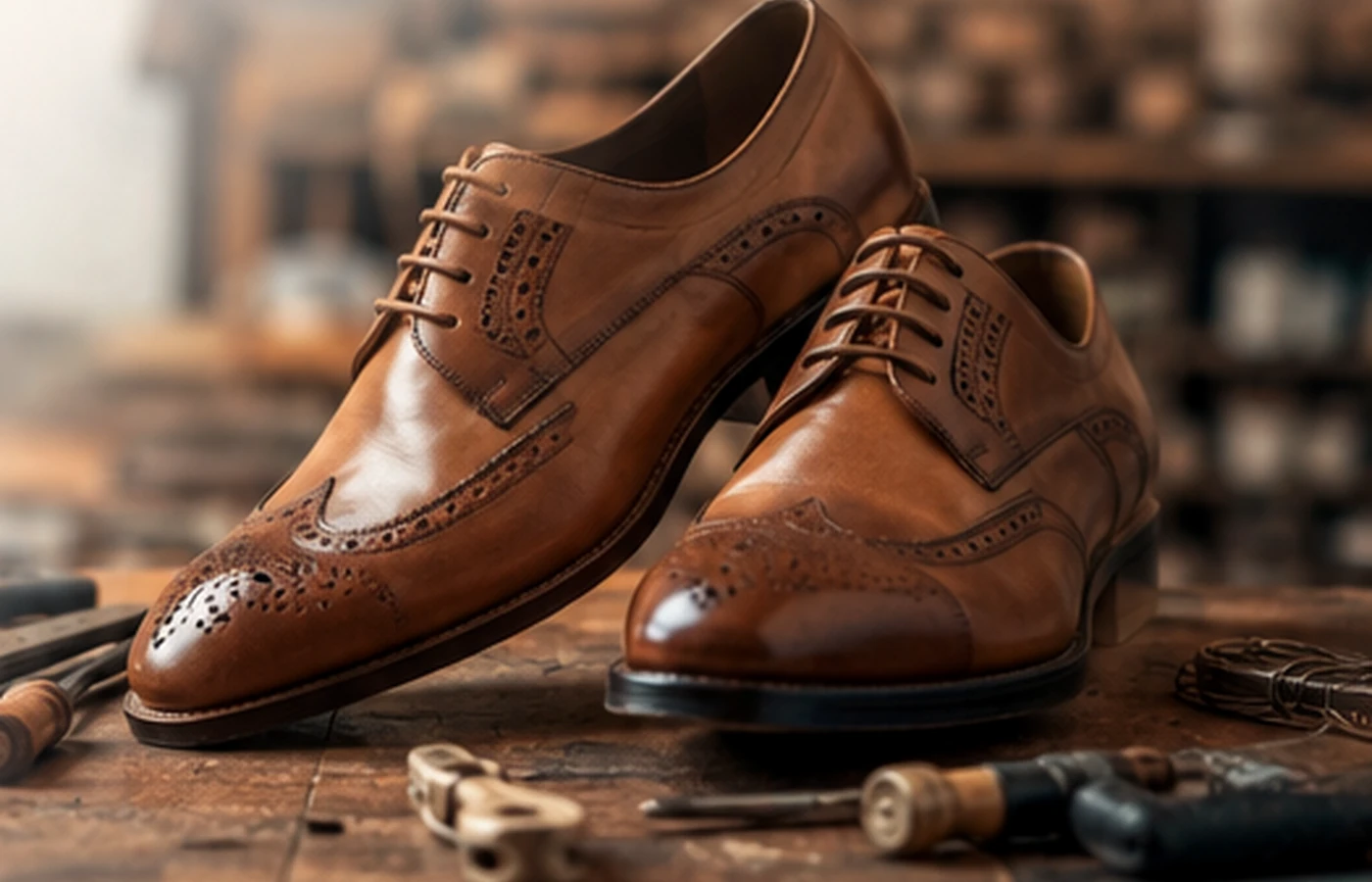 Hand-finished Italian men’s leather shoes in a shoemaking workshop